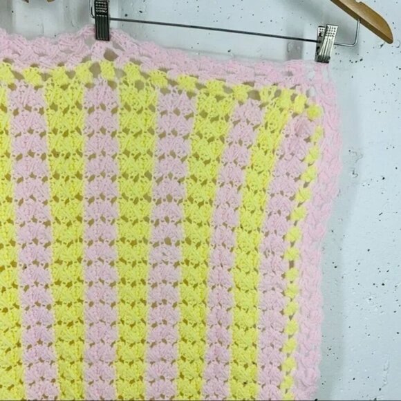 2 Vintage Hand Knit Pink Yellow Green Handmade Crochet Baby Blankets - Picture 5 of 15